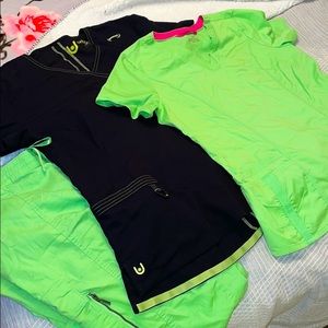 Bundle of 3- 2 scrub tops, 1 matching scrub pant